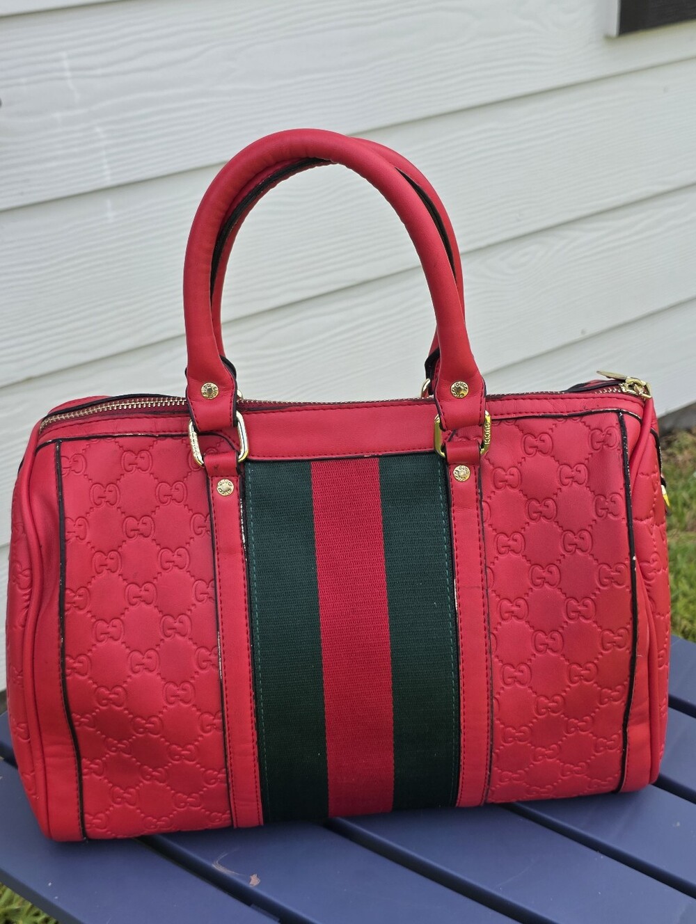 Gucci Red Guccissima Web Stripe Boston Satchel Tote Bag Made in Italy 10x11
